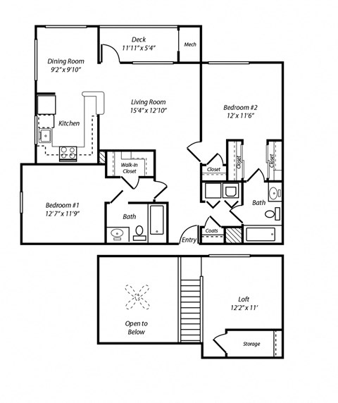 Floor plan for 2 beds, 2 baths, 1281 sqft